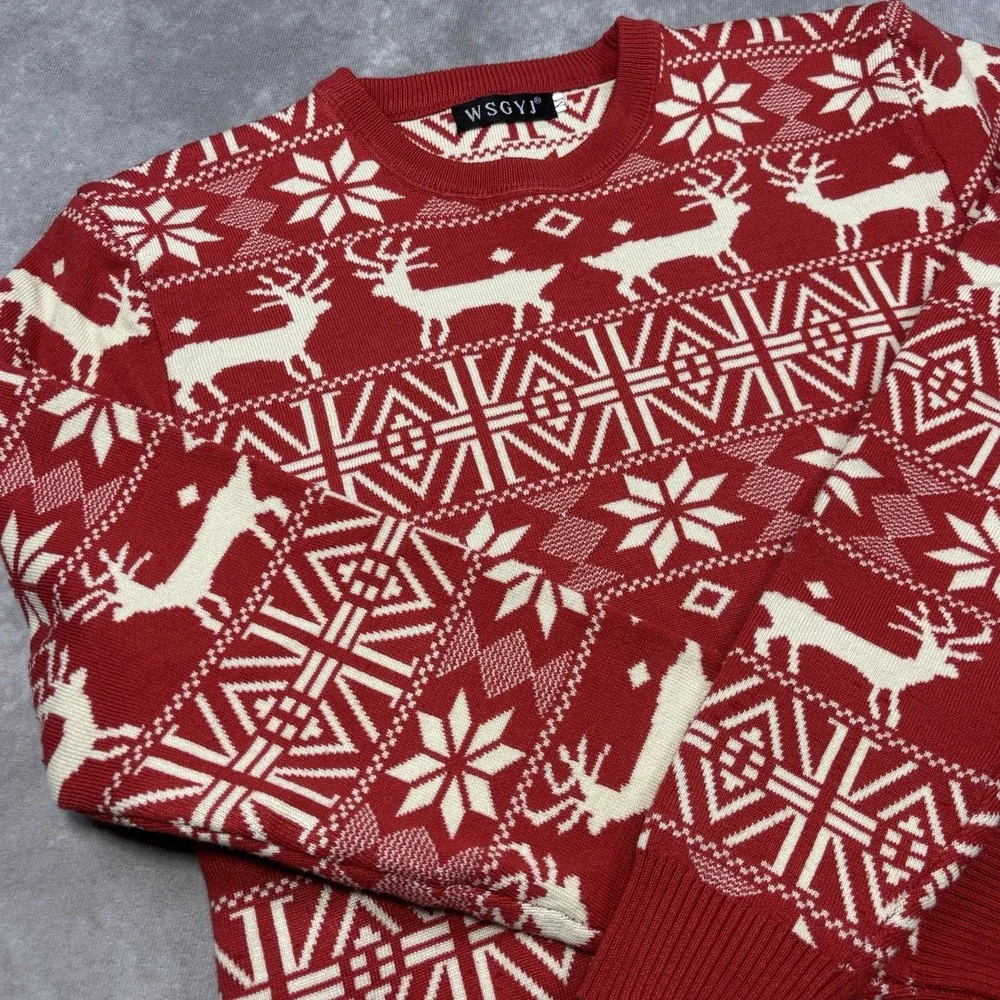 WSGYJ Sweater Unisex Christmas Sweater Reindeer Snowflake Red & White EUC